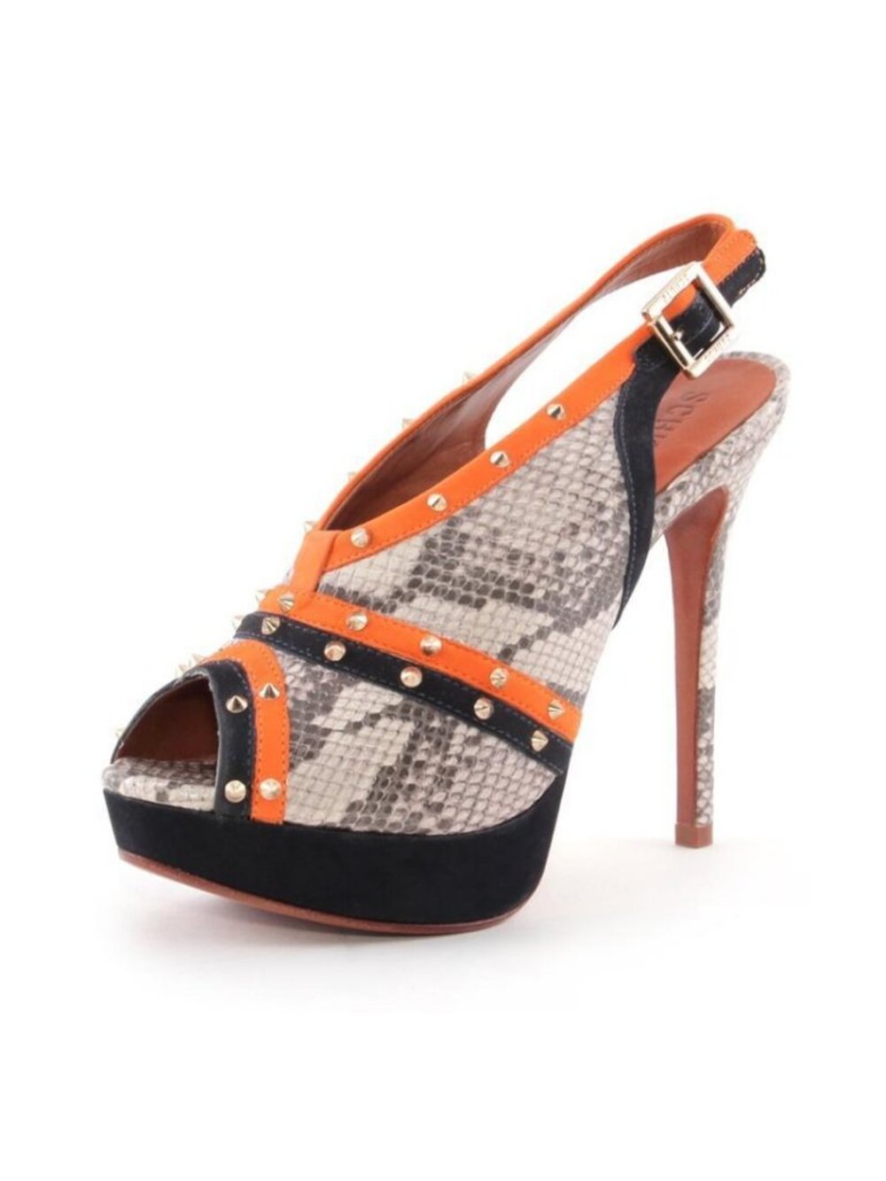Schutz Elana Mari Sandal Python Snake Orange Black Slingback Stud Like New